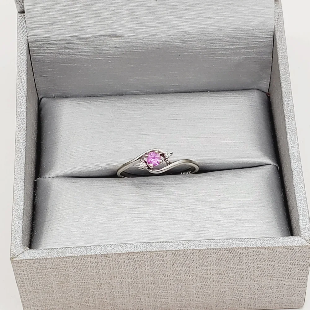10k Solid White Gold Genuine Pink Sapphire & Diamond Ring - Picture 7 of 7